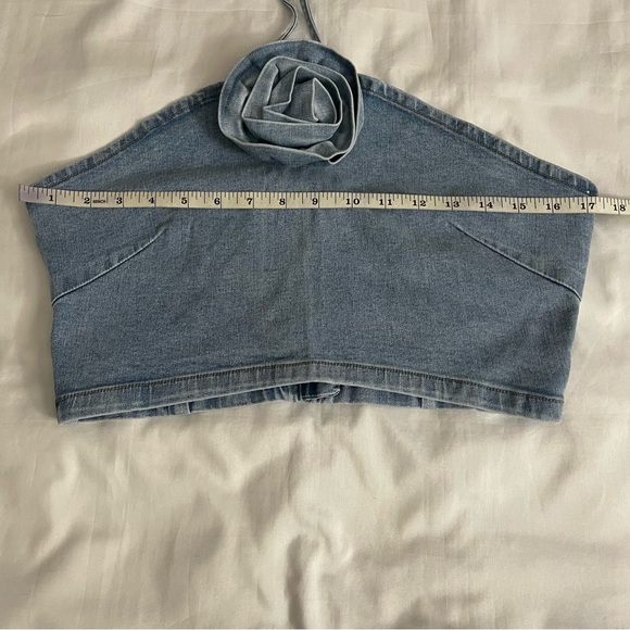 Light blue denim crop top halter neck rose detail high slit midi skirt set - Picture 11 of 11